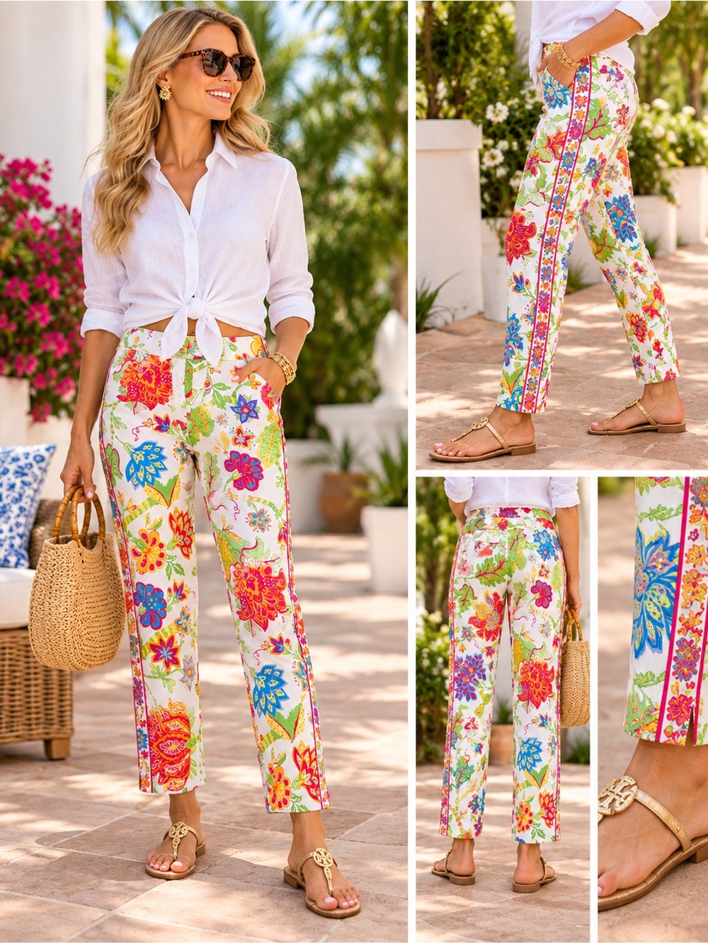 Gretchen Scott White Floral Print Pull On Pants Women’s M Stretch Straight Leg